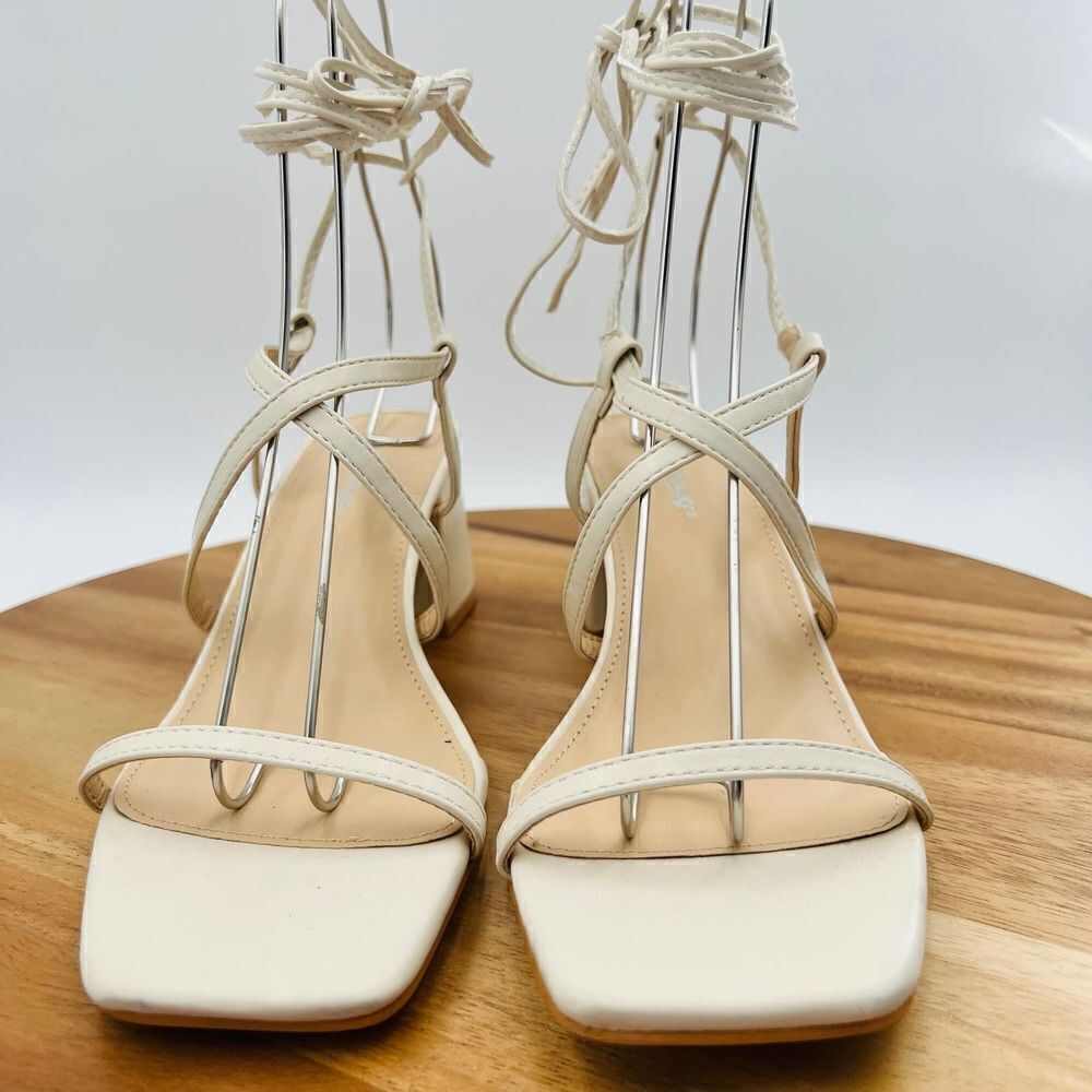 Public Desire Mabel Wide Fit Off White Ankle Tie Block Heeled Sandals Size UK 8W - Picture 3 of 13